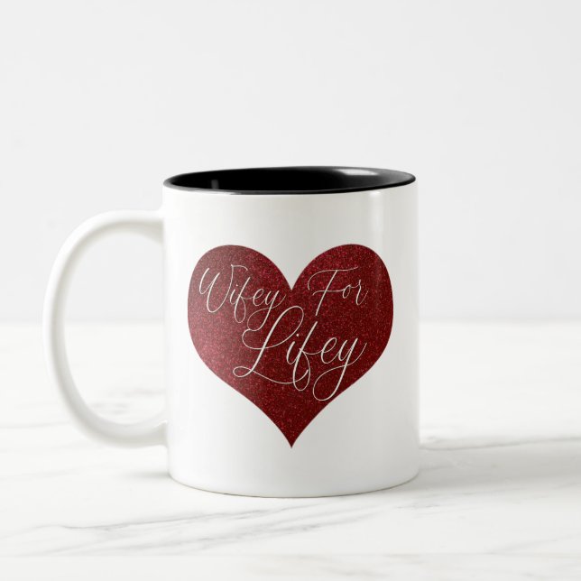 Wifey for Lifey Quote Red Glitter Heart Två-Tonad Mugg (Vänster)