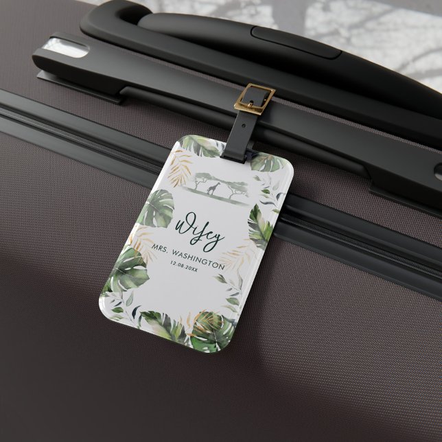 Wifey Script Honeymoon Vacation Safari Resa Bagagebricka (Botanical Watercolor Palm Leaves Wife Newlywed Honeymoon Luggage Tag)