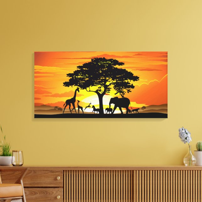 Wild Animals on African Savanna Sunset Canvastryck (Insitu (Vardagsrum))