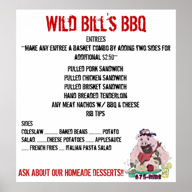 WILD BILL'S BBQ-MENY POSTER (Framsidan)