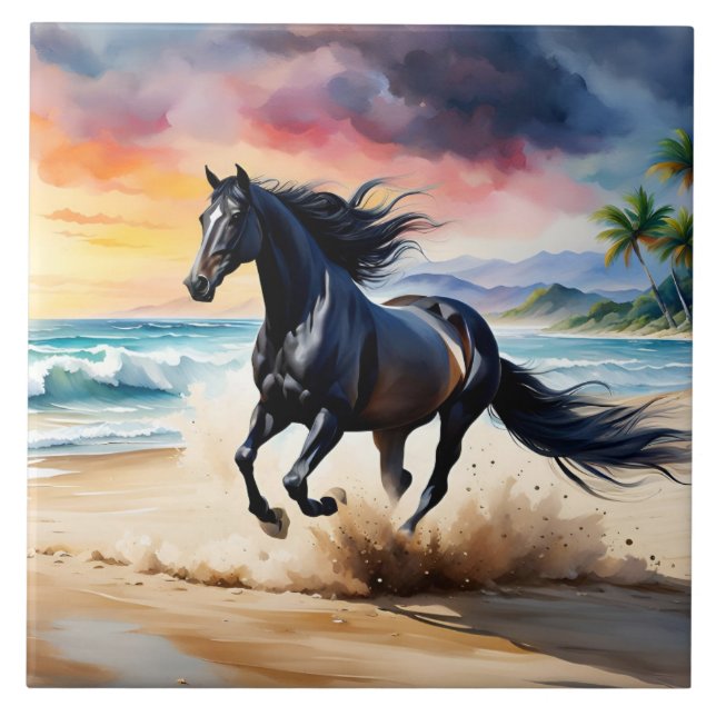 Wild black stallion galloping kakelplatta (Framsidan)