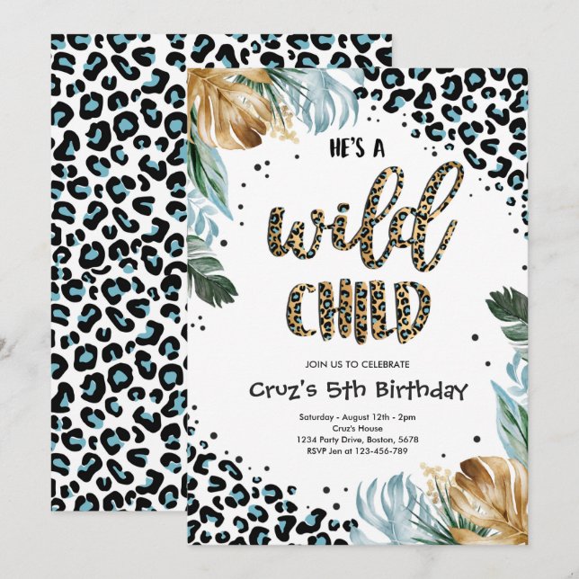 Wild Child Blue Boy Leopard Skriv ut Jungle Party Inbjudningar (Fram/baksida)