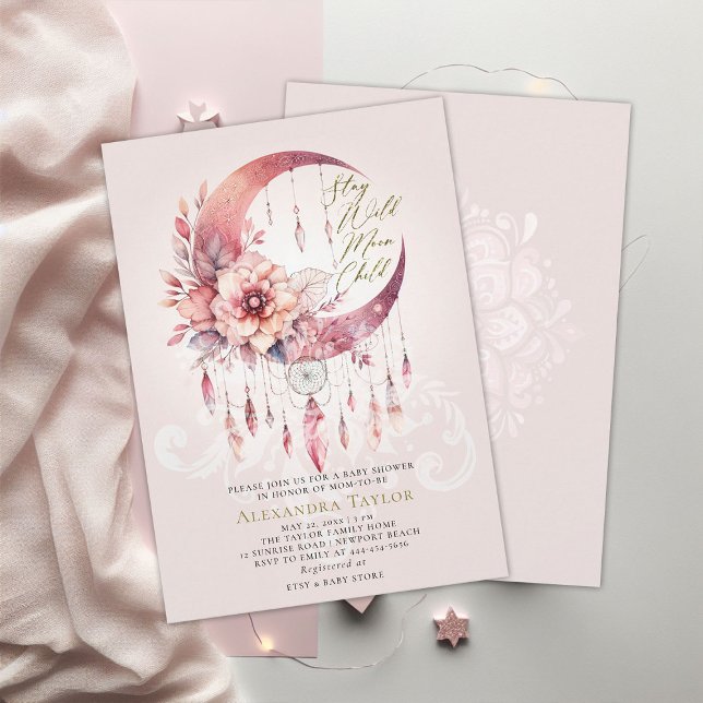 Wild Child Dreamcatcher Crystals Flicka Shower Inbjudningar (wild moon child baby girl shower invitation pink boho dreamcatcher crystal gold glitter elegant boho)