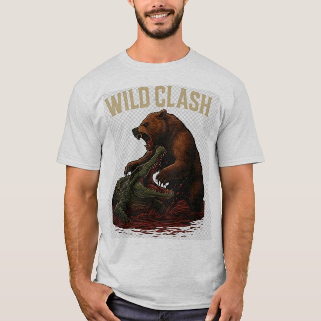 Wild Clash – Epic Battle Between Bear and Crocodil T Shirt (Framsida)