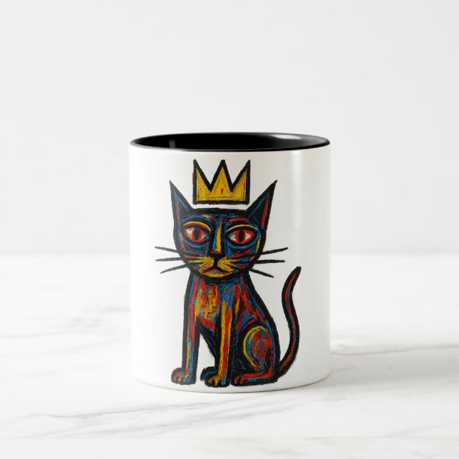 Wild Crown Cat Graphic Tee – Handritad Abstrakt C Två-Tonad Mugg (Center)