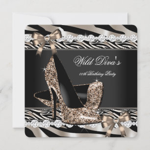 Wild Diva Zebra Beige Höga Klackar Födelsedagsfest Inbjudningar