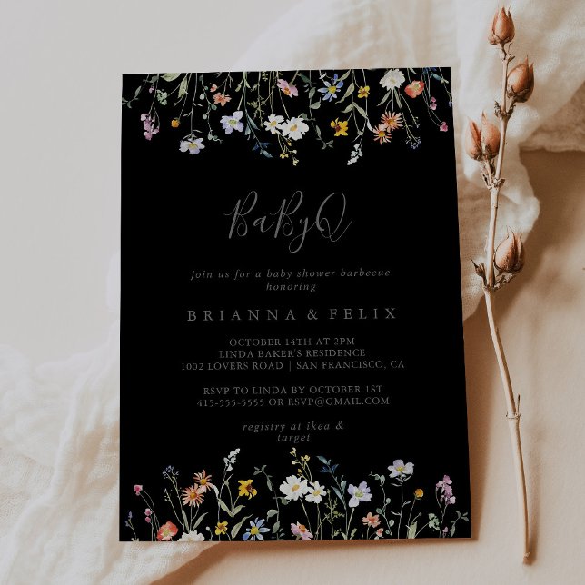 Wild Floral Black BabyQ Baby Shower Barbecue Inbjudningar (Skapare uppladdad)