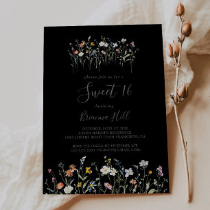 Wild Floral Black Sweet 16 Birthday Party Inbjudningar