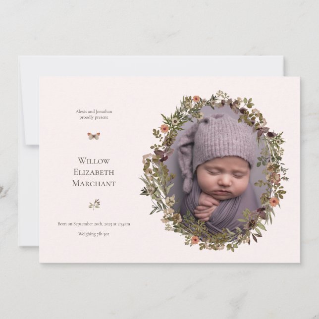 Wild Flower Frame New Baby Birth Announcement Meddelande (Framsida)
