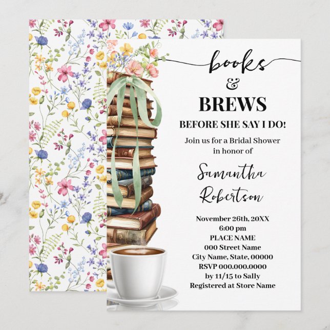 Wild Flowers Books & Brews Coffee Bröllopsdusch Inbjudningar (Fram/baksida)