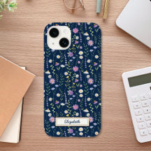 Wild Flowers Pattern Blue navy Background