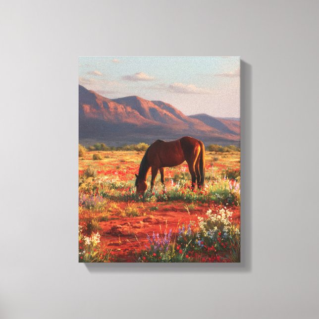 Wild Horse Blooming Desert Sunset Art Canvastryck (Framsida)