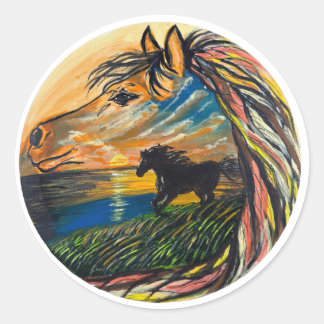 Wild Horse Sunset Art - Hantverkskonst Runt Klistermärke