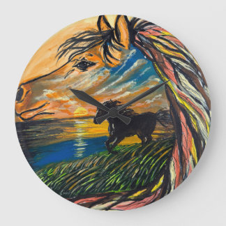 Wild Horse Sunset Art - Hantverkskonst Stor Klocka