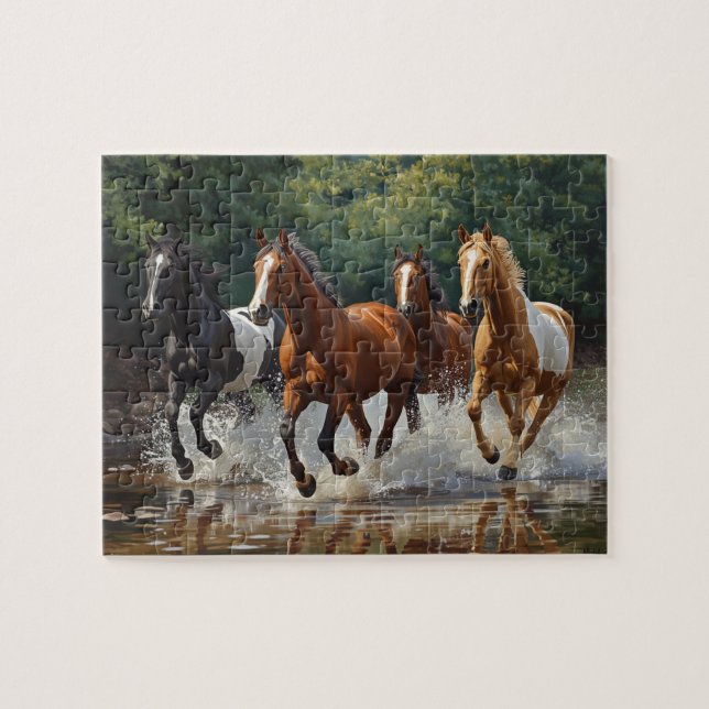 Wild Horses Galloping Water Splash Painting Pussel (Horisontell)