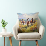 Wild Horses Running in a Wildflower Meadow Kudde<br><div class="desc">A beautiful pillow for cowboy decor and western art lovers, a gorgeous painting of wild horses running in a grassy field of wildflowers.</div>