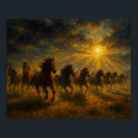 Wild Horses Running Poster<br><div class="desc">A stunning horizontal landscape featuring a herd of horses galloping through a misty,  golden sunrise.</div>
