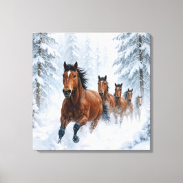Wild Horses Running Through a Snowy Forest Canvastryck