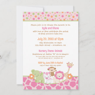 Wild Jungle Animals Baby Girl Shower Invitation Inbjudningar