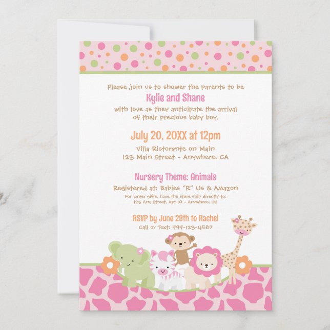 Wild Jungle Animals Baby Girl Shower Invitation Inbjudningar (Framsida)