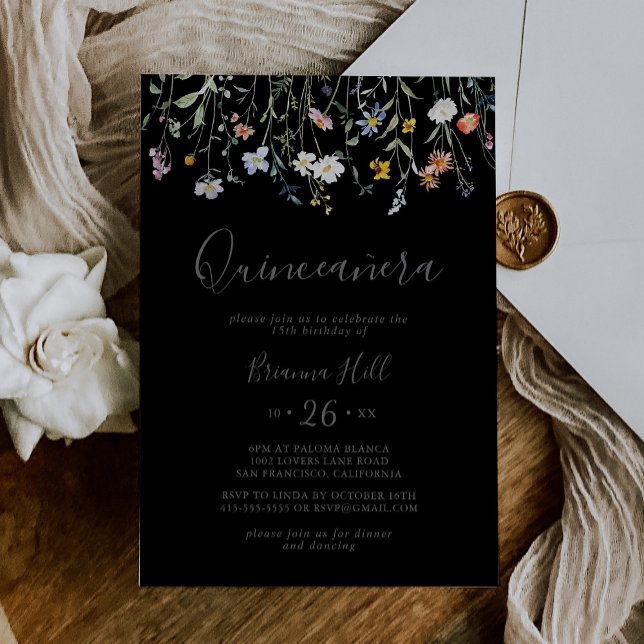 Wild Multicolor Floral Black Quinceañera Inbjudningar (Skapare uppladdad)