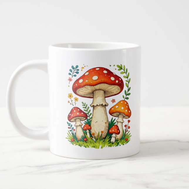 Wild mushrooms and flowers in grass forest nature jumbo mugg (Vänster)