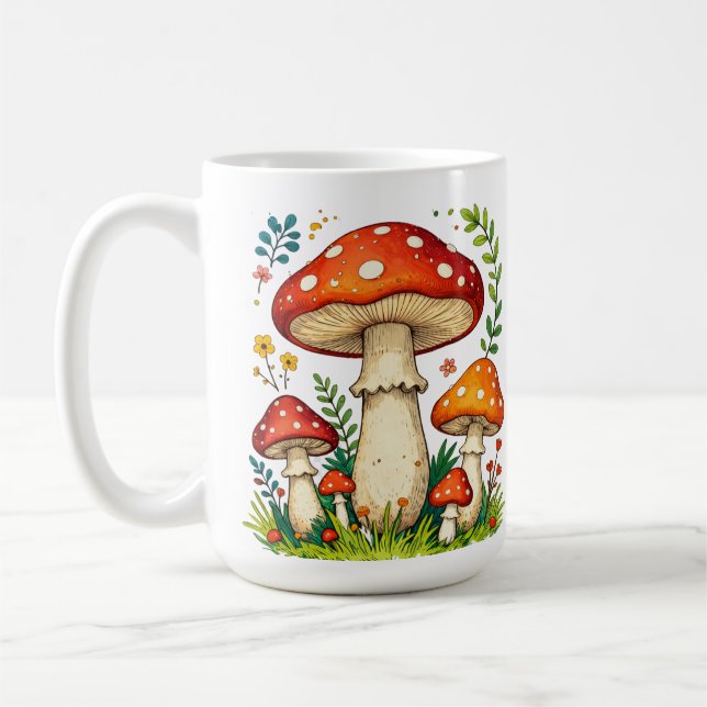 Wild mushrooms and flowers in grass forest nature kaffemugg (Vänster)