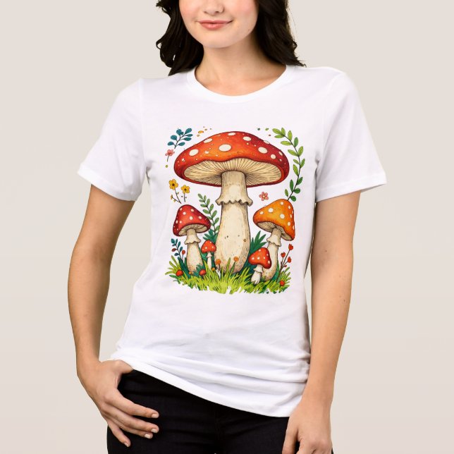 Wild mushrooms and flowers in grass forest nature t shirt (Framsida)