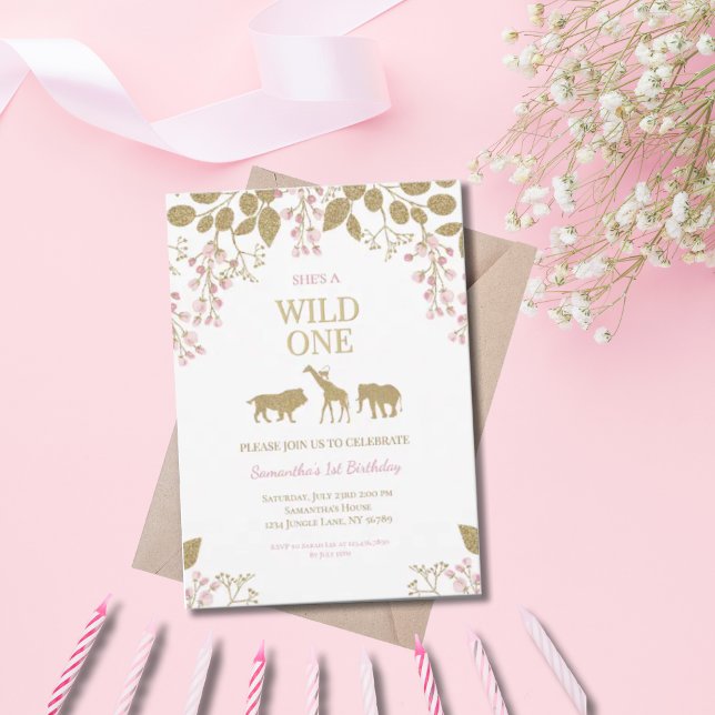 Wild One 1:a Rosa och Guld Födelsedagsflicka Inbjudningar (Skapare uppladdad)