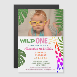 Wild ONE 1-års födelsedags Djungelsafari Giraff Fo Magnetisk Inbjudningskort