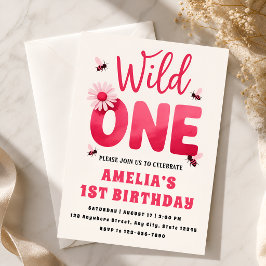 Wild One 1-års inbjudan Flicka Rosa Tusenskönor B