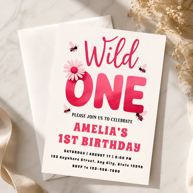 Wild One 1-års inbjudan Flicka Rosa Tusenskönor B (Skapare uppladdad)