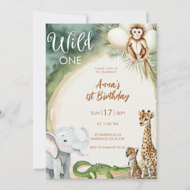 Wild One 1-års inbjudan | Safari Djur F (Framsida)