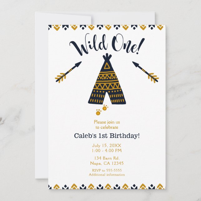 Wild One 1-årsdag Blå & Guld Tepee-fest Inbjudningar (Framsida)