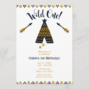 Wild One 1-årsdag Blå & Guld Tepee-fest Inbjudningar