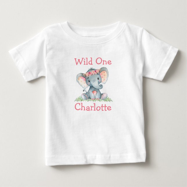 Wild One 1-årsdag Elefant Rosa Blommor T Shirt (Framsida)