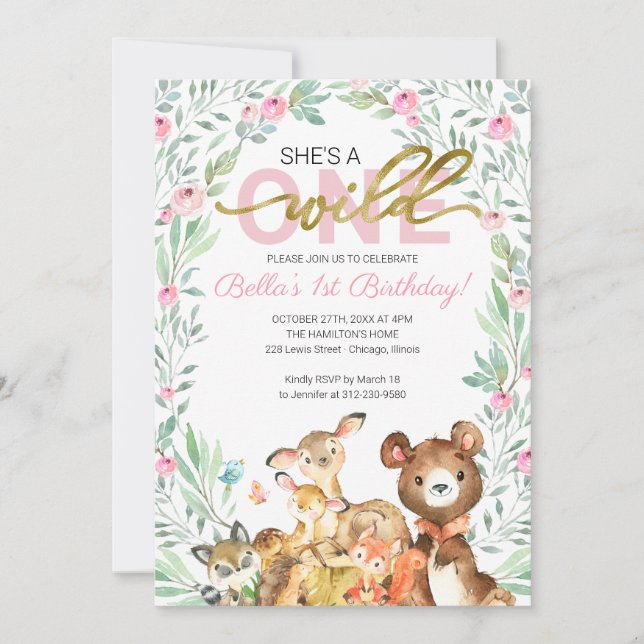Wild One 1-årsdag Skogsdjur  Inbjudningar (Framsida)