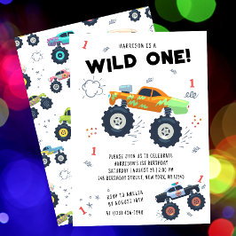 Wild One 1-årsfödelsedag Färgglada Monster Trucks Inbjudningar