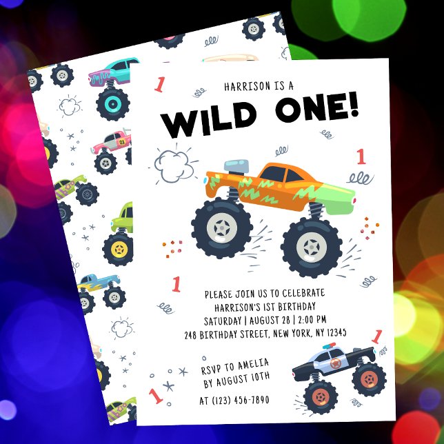 Wild One 1-årsfödelsedag Färgglada Monster Trucks Inbjudningar (Skapare uppladdad)