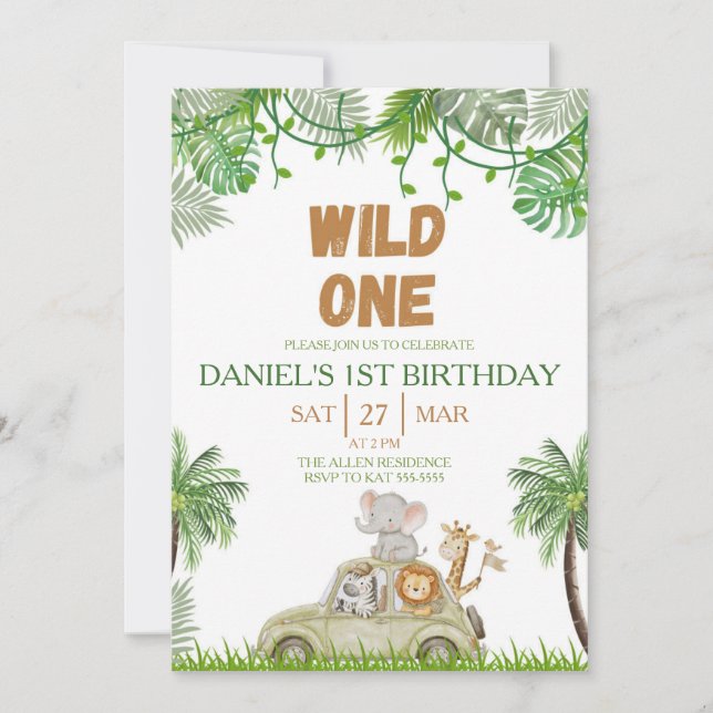 Wild One 1st Birthday Safari Jungle Invitation Inbjudningar (Framsida)