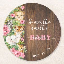 Wild One Animals Rustic Pink Safari Baby Shower Underlägg Papper Rund