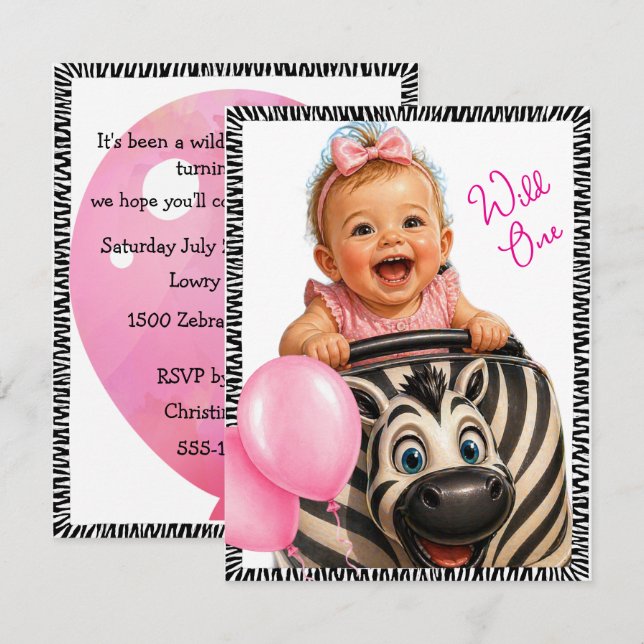 Wild One Baby Flicka Digital nedladdning Inbjudningar (Fram/baksida)