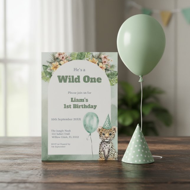 Wild One Birthday Invitation • Safari Jungle Party Inbjudningar (Wild One jungle 1st birthday invitation with safari theme and green balloon)