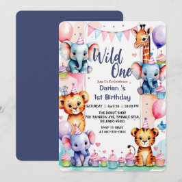 Wild One Cute Animals Balloon cupcake 1st Birthday Inbjudningar
