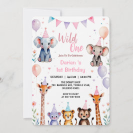 Wild One Cute Animals Balloon girls 1st Birthday Inbjudningar