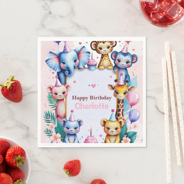 Wild One Cute Animals Balloon girls Birthday Pappersservett (Insitu)