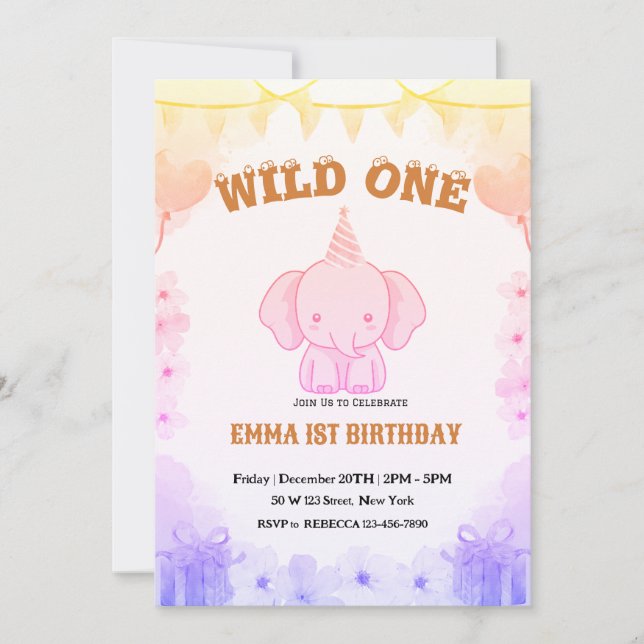 Wild One Cute Elephant 1st Birthday Invitation Inbjudningar (Framsida)