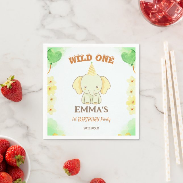 Wild One Cute Elephant 1st Birthday  Pappersservett (Insitu)
