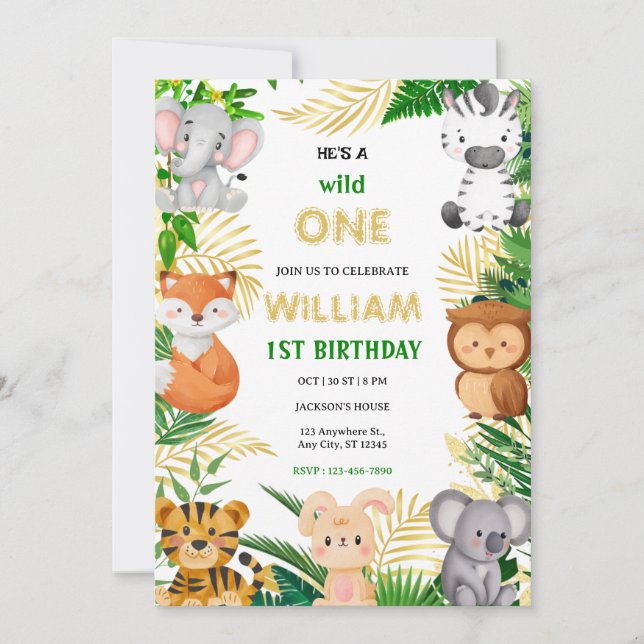 Wild One Cute Jungle Animal Child's 1st Birthday  Inbjudningar (Framsida)