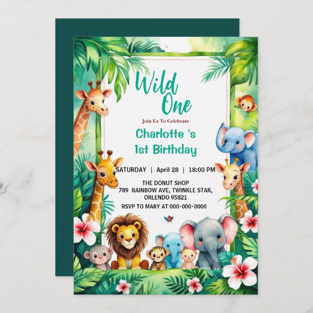 Wild One Cute Jungle Animal Child's 1st Birthday  Inbjudningar (Fram/baksida)